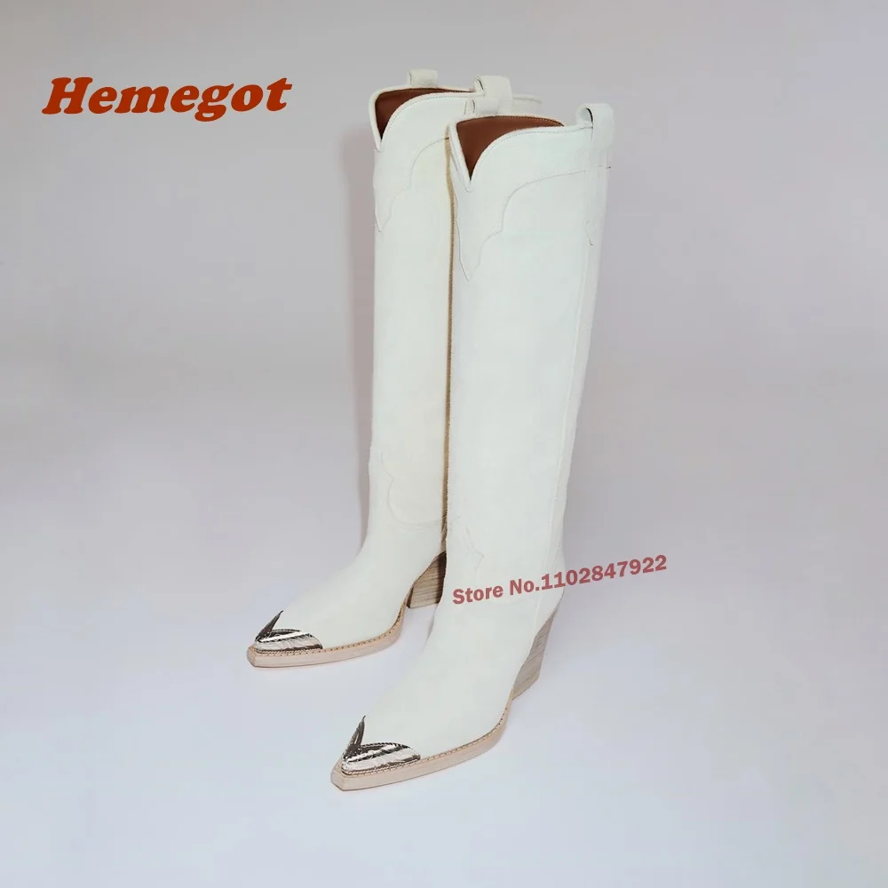 Metal Toe Square Heel Knee High Boots Winter Women\'s Boots Long Leather Warm Gladiator Shoes Luxury Newest Slip On Solid Casual