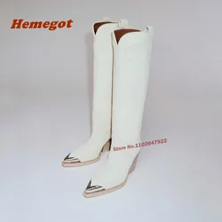 Metal Toe Square Heel Knee High Boots Winter Women's Boots Long Leather Warm Gladiator Shoes Luxury Newest Slip On Solid Casual