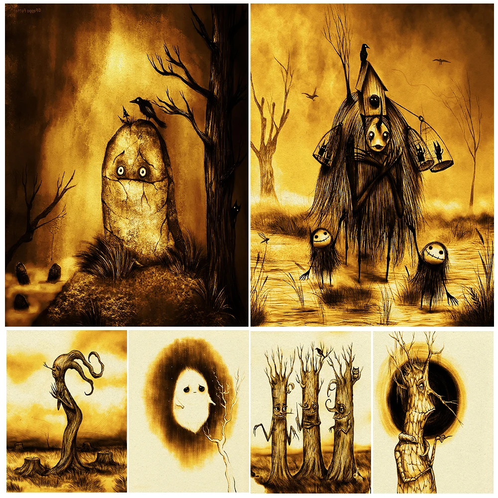 The Deep Forest Treefolk & The Babayaga Witch Vintage Wall Art Canvas Print The Mournful Tree Spirit Art Poster And Print Decor