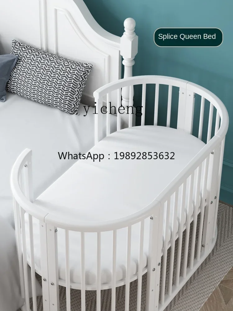 AG  European-Style Solid Wood Stitching  Movable Newborn Small Bed Multi-Functional White Small round Bed