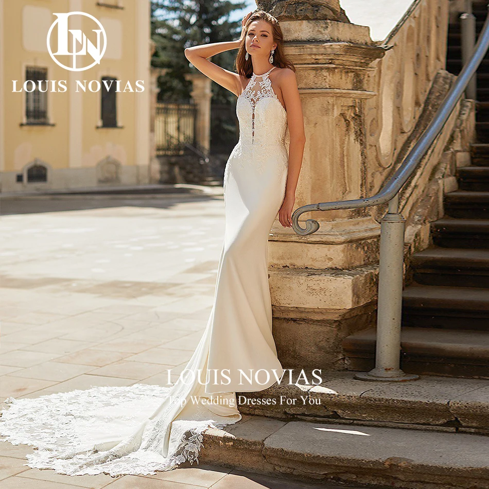 

LOUIS NOVIAS Свадебные платья русалки для женщин с круглым вырезом и вышивкой, атласное свадебное платье со шлейфом, Vestidos De Novia