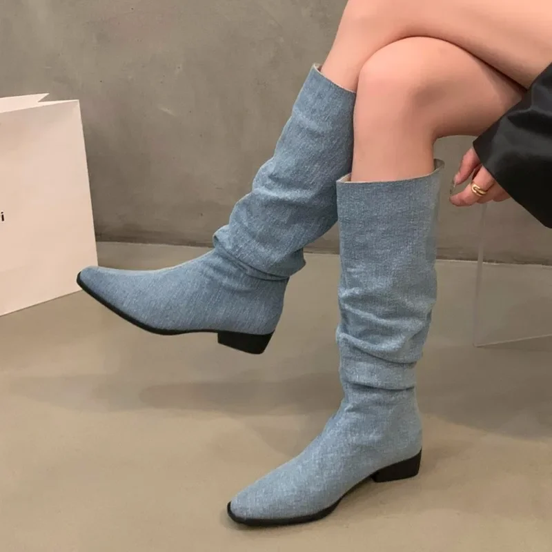 Buty damskie 2024 Fashion Sleeve Women Boots Autumn Winter Pointed Toe Denim Solid High Tube Chunky Heels Boots Zapatos Mujer