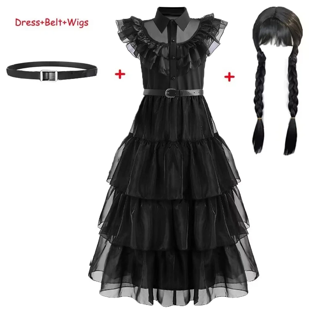 Adams-Robe de cosplay de mercredi en dentelle noire pour bébé fille, vêtements gothiques, vêtements de vent, robe éducative, Halloween, fête de carnaval, costume de soirée, 4-12 ans