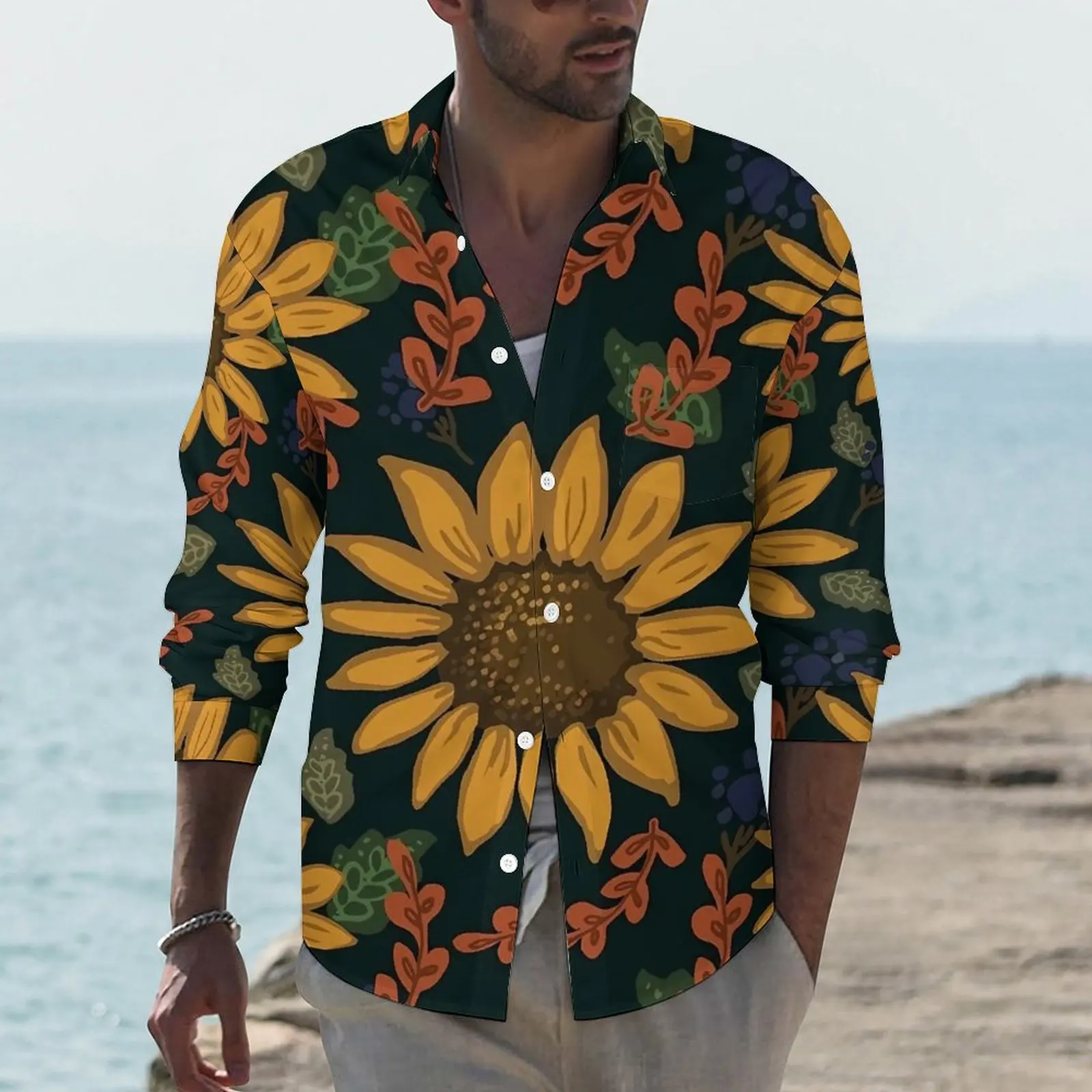 Sunflower Y2K Casual Shirt Man Flowers Print Shirt Spring Fashion Blouses Long Sleeve Design Oversized Clothes