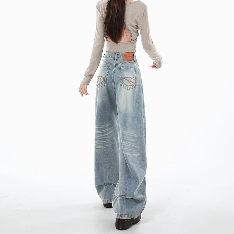 

2025New autumn style high-waisted loose wide-leg jeans for women with unique design, slimming straight loose floor-length pants