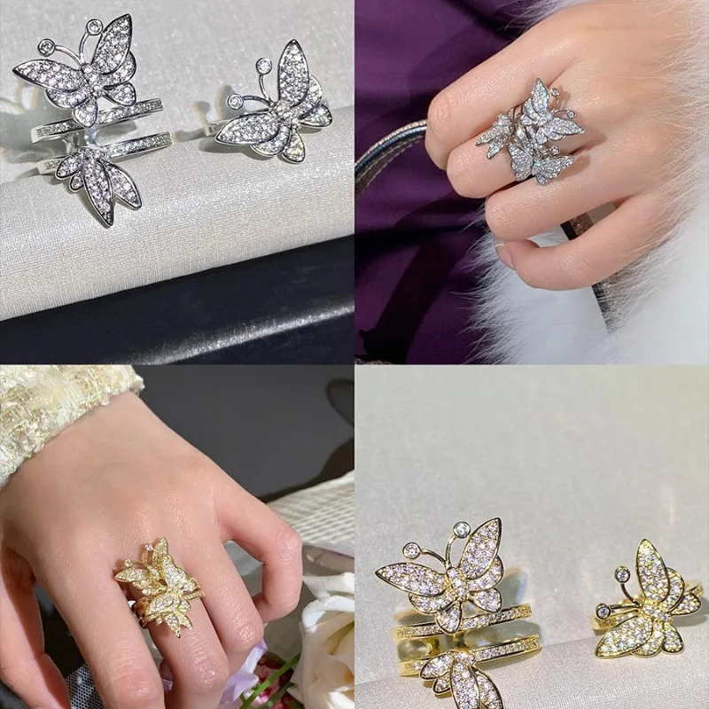 PANJBJ 925 Sterling Silver Butterfly Set A Rings For Women Zircon Personality Grace Jewelry Banquet Gift Dropshipping