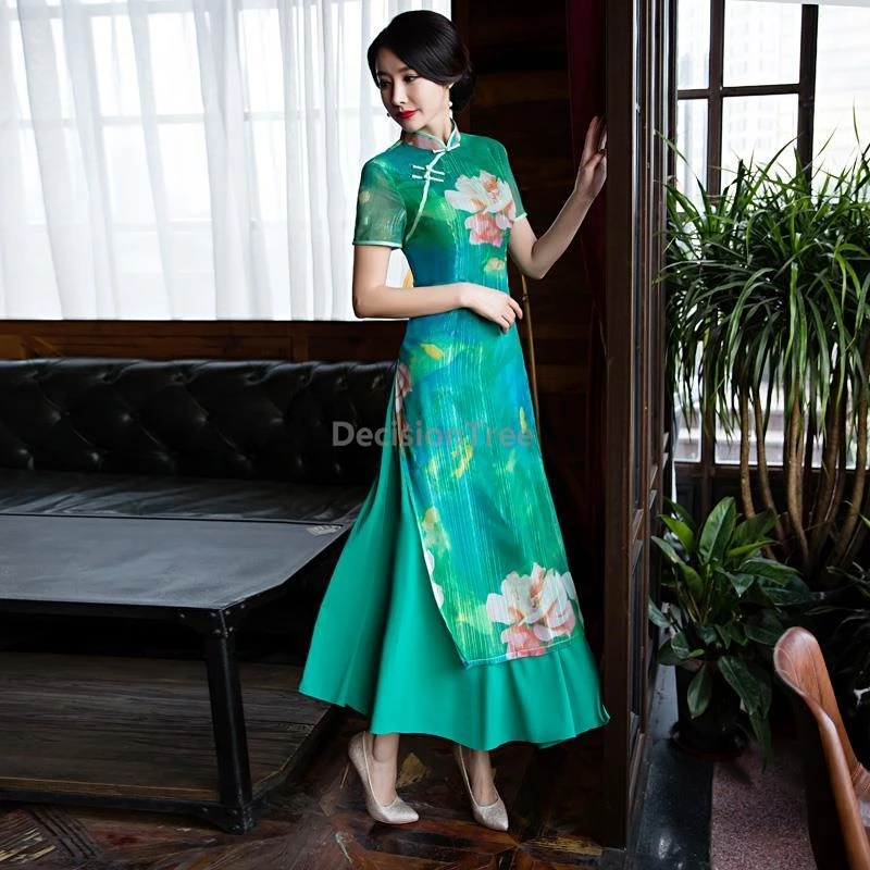 

Весна и лето 2021, вьетнамское платье Ципао aodai, изысканный принт, улучшенное повседневное винтажное платье, элегантное литературное искусство Ципао