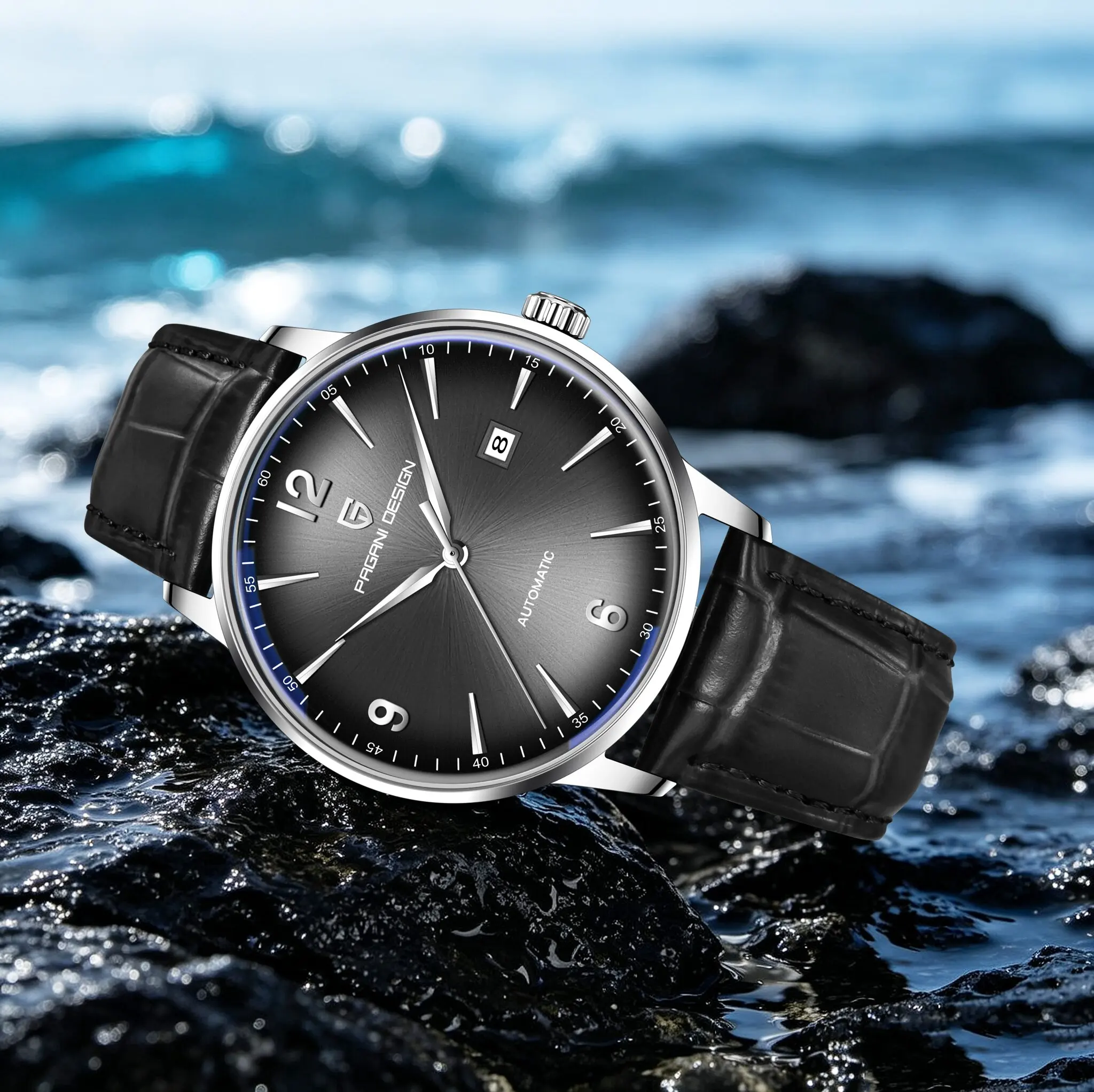 PAGANI DESIGN Retro Gentleman Men Automatic Mechanical Watch For Men Gradient Black Sunburst Dial Date Window Leather Dive Watch