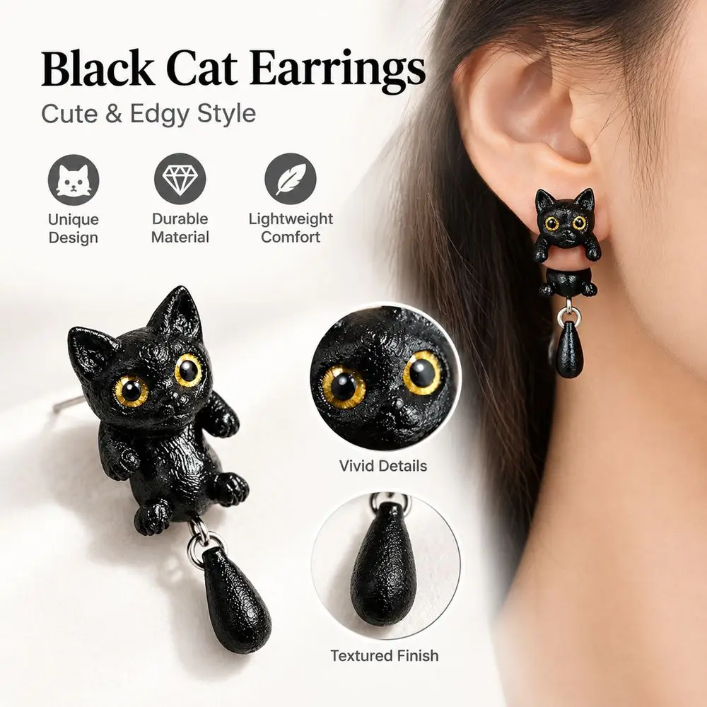 Resin Black Cat Earrings Gold Eyes Dangling Tail Charm Animal Dangle Earrings Black Textured Finish Cat Stud Earrings