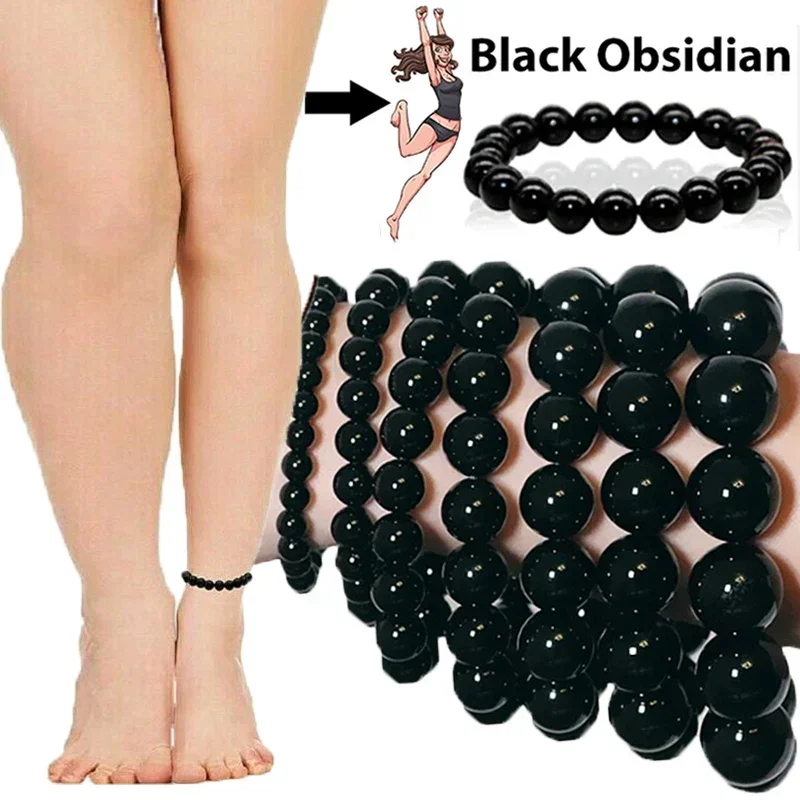 Black Obsidian Natural Stone Bracelet Slimming Weight Loss Yoga Energy Anti Anxiety Healing Beads Fat Relief Elastic Jewelry