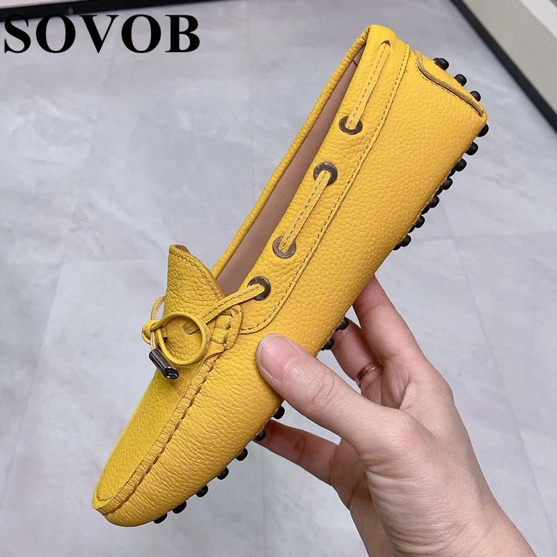 Spring Autumn Genuine Leather Bow Decoration Flat Shoes Women's  Shallow Mouth Lazy Loafers Solid Color Dou Dou Walking Shoes