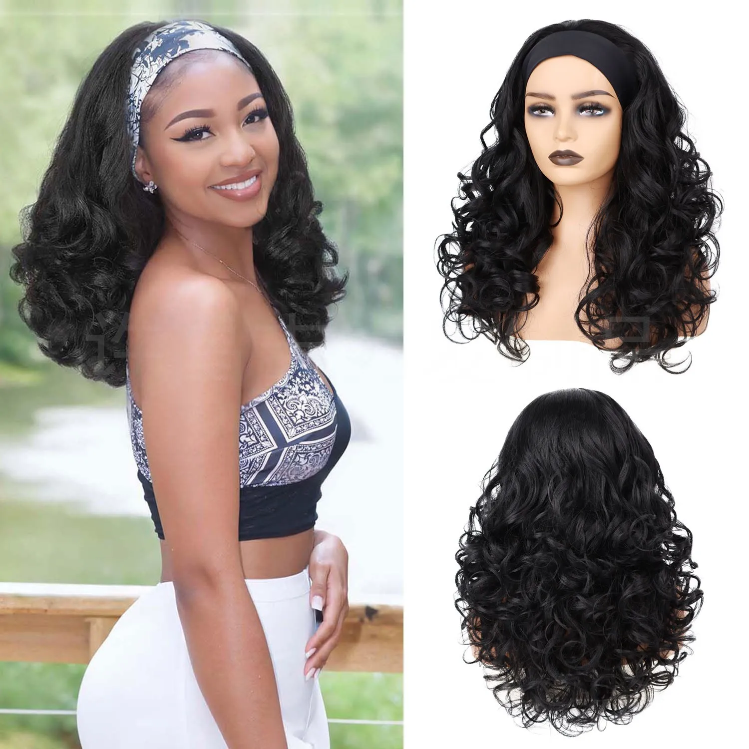 

Синтетические вьющиеся парики Yaki с повязкой на голову для чернокожих женщин, странные прямые черные повязки на голову с вьющимися концами, бесклеевой полупарик