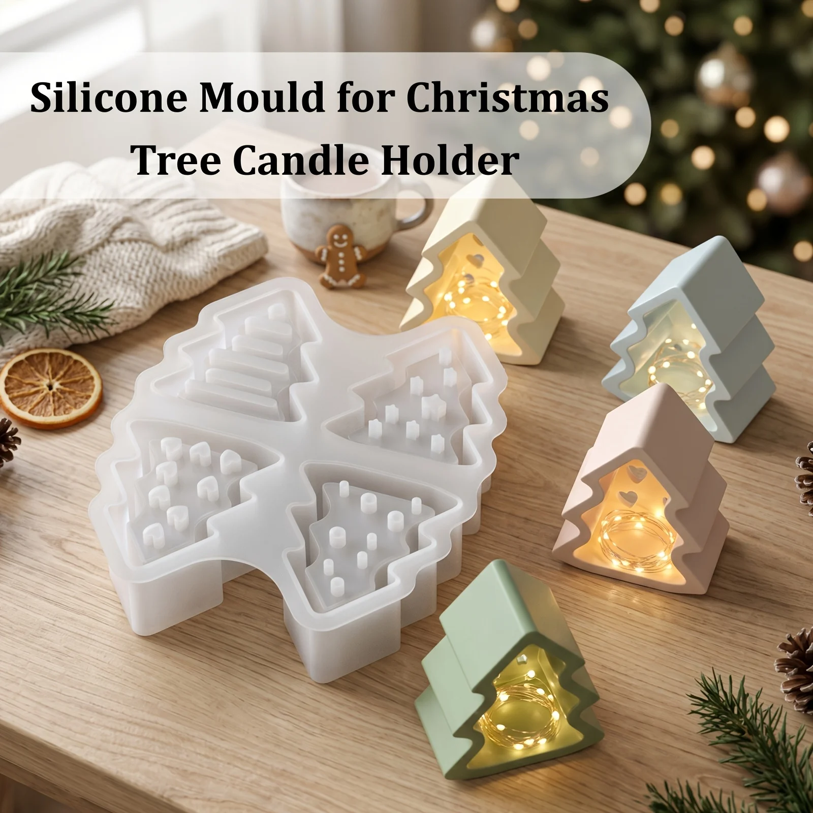 4-Cavity Christmas Tree Silicone Mold, Clay Mold, Christmas Tree Candle Holder Mold, Suitable for Making Gypsum Ornaments
