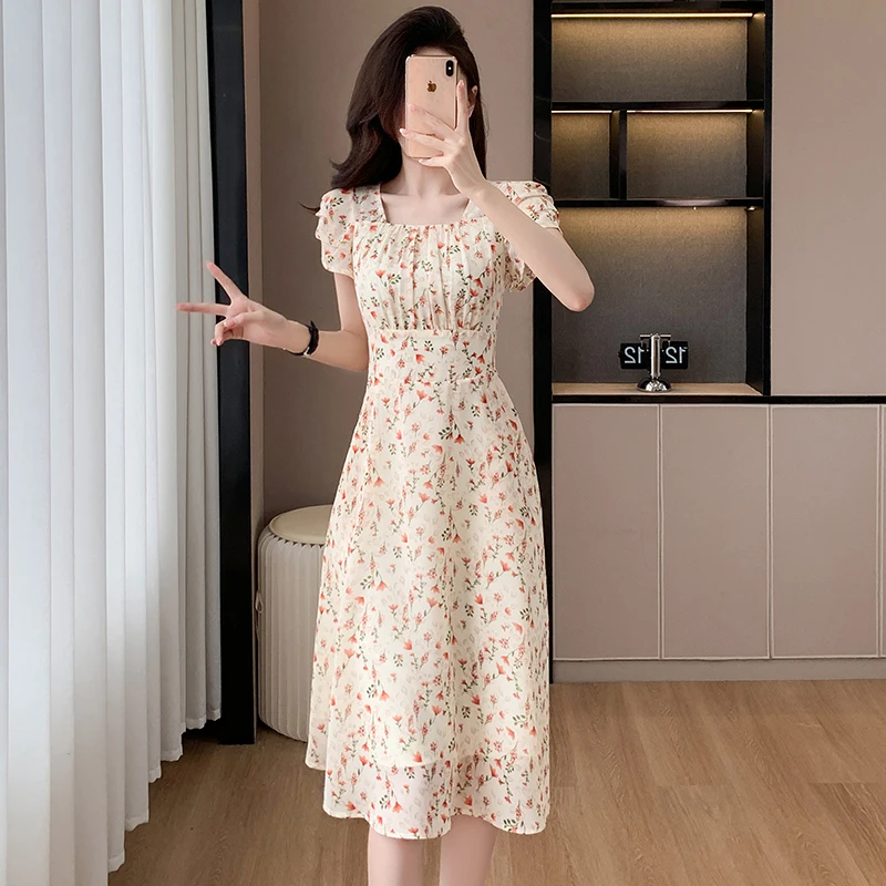 Ele Sweet Floral Print Chiffon Midi Dr Women's Summer Faion Gentle Sle A-Line Skirt ort Sve Square Collar Casual