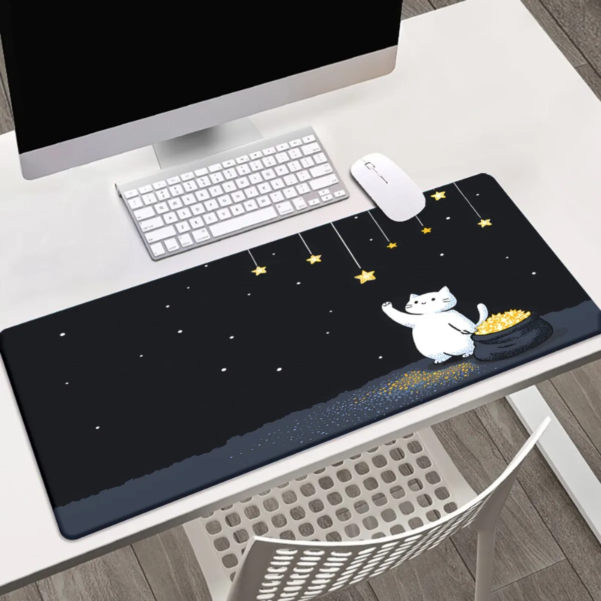 

Cute White Cat with Golden Stars Mouse Pad Large Rubber Non-slip Desk Accessories Mousepad for Office & Gamer Keyboard Decor Mat