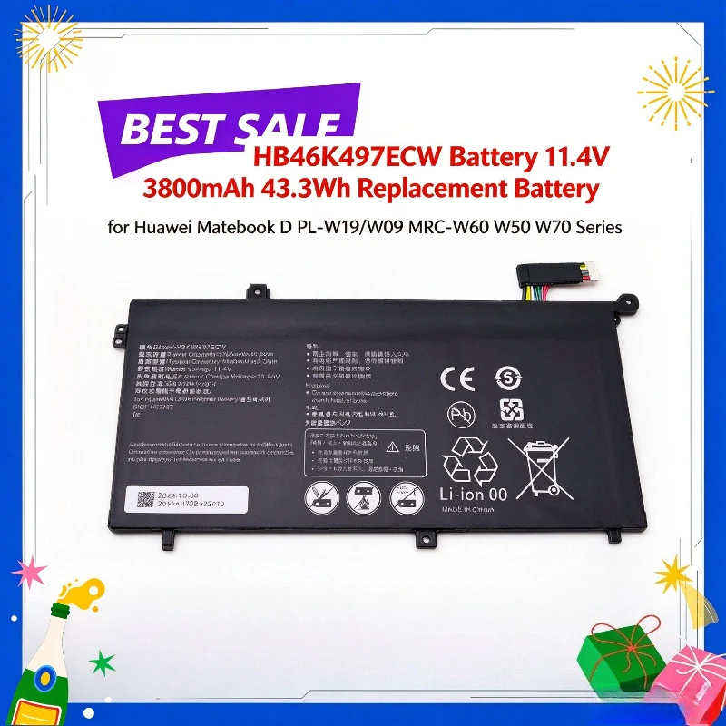 HB46K497ECW Battery 11.4V 3800mAh 43.3Wh Replacement Li-Polymer Battery for Huawei Matebook D PL-W19/W09 MRC-W60 W50 W70 Series