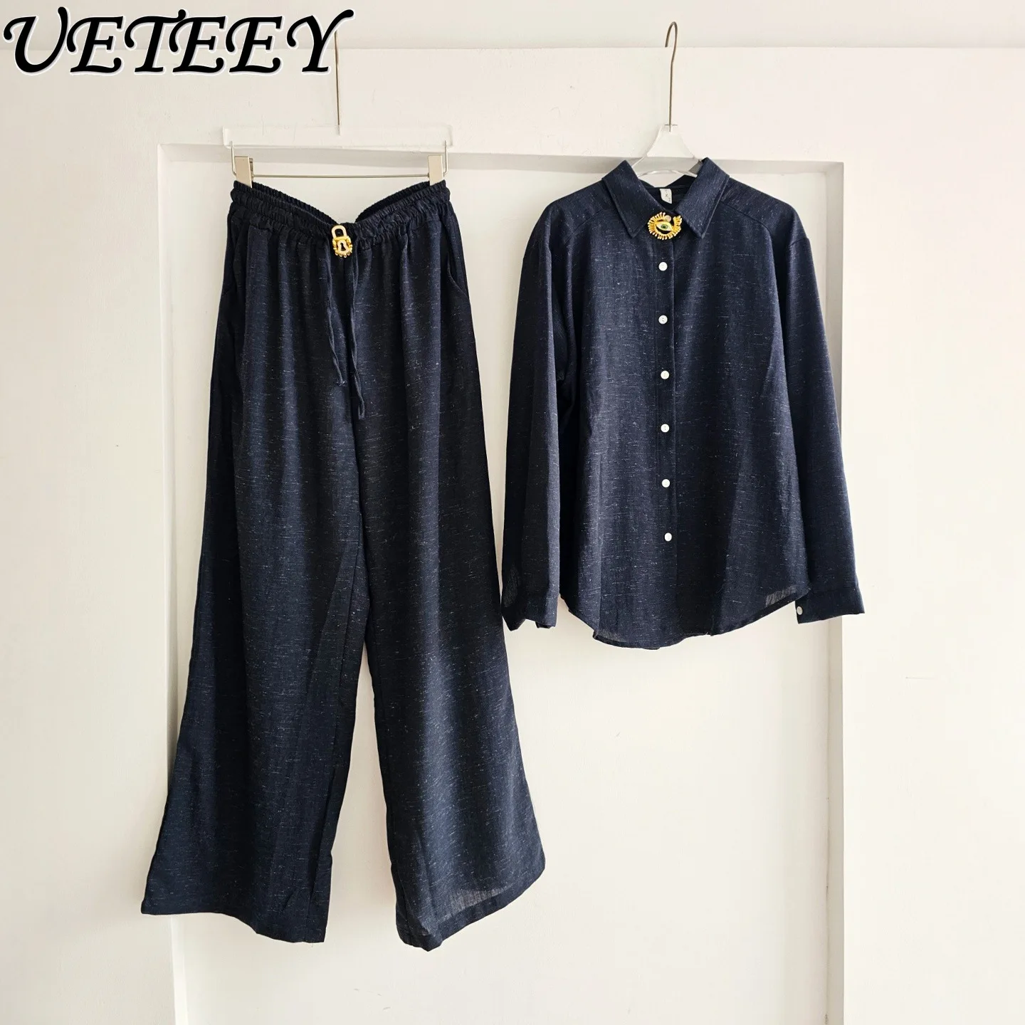 

Minimalist Casual Oversized Two-piece Set Women Chic Metallic Detail Cotton Linen Long Sleeve Shirt Relaxed Casual Pants Outfit