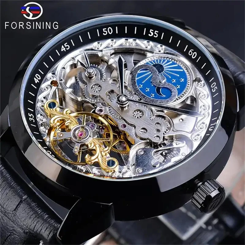 Forsining 355A Luxury Brand Moon Phase Watches Fully Automatic Men Watches Hollowed Mechanical Watches Luxury Reloj Hombre