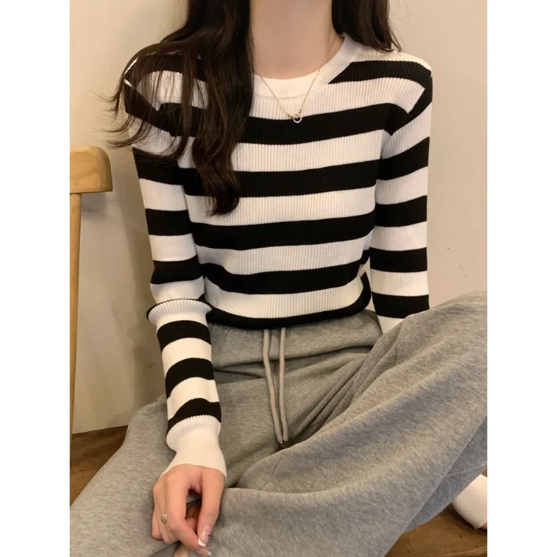 Primavera otoño ajustado Top de manga larga Camiseta de punto a rayas camisa básica Otoño Invierno suéter de mujer de moda