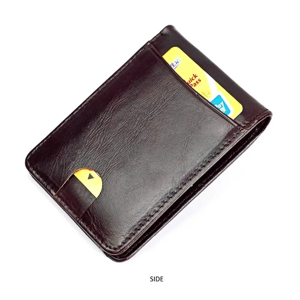Minimalist Men's Leather Slim Wallet 6 Card Slots Cowhide Leather Money Clip for Men ID Window Low Profile