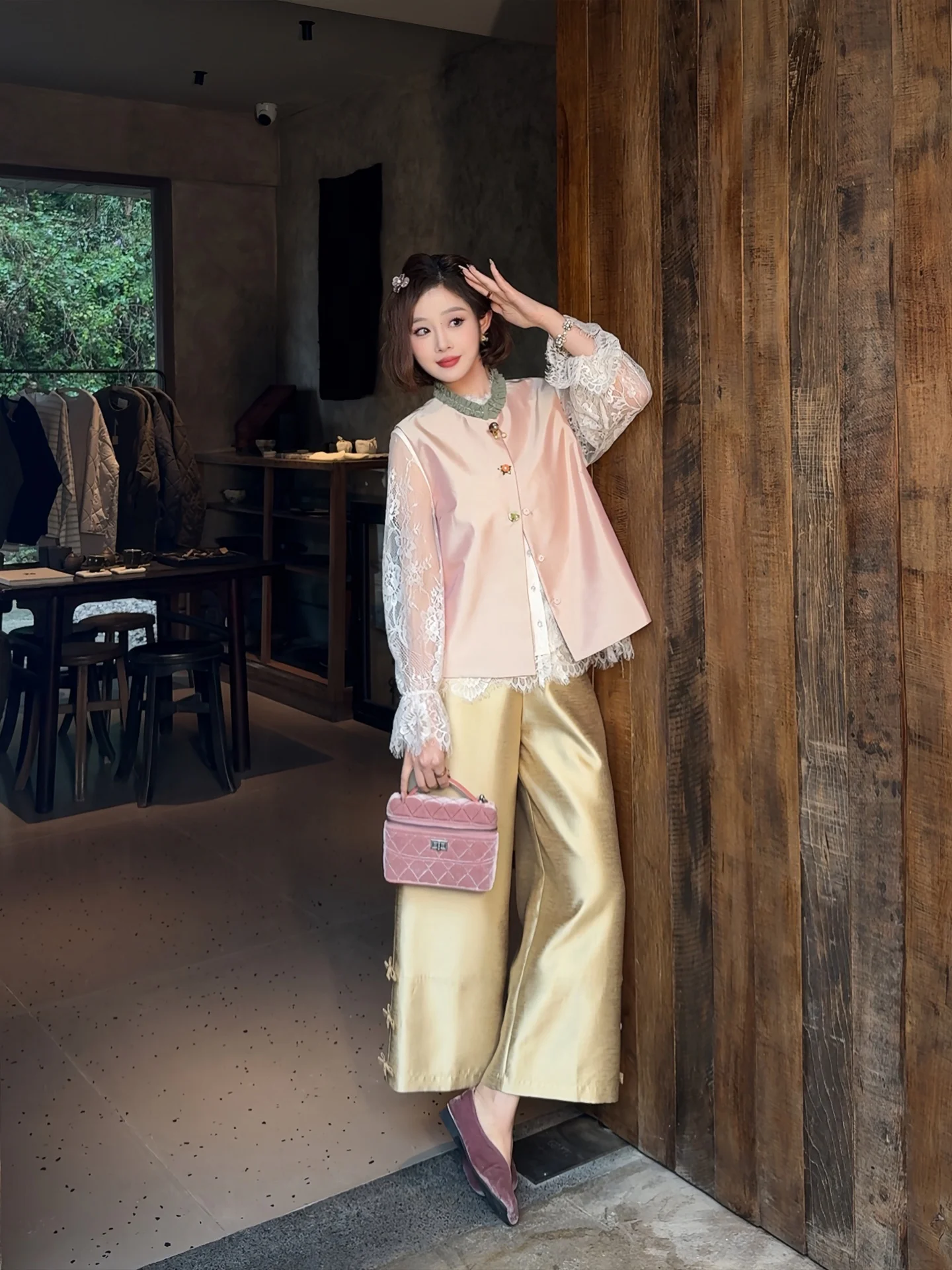 

Yolo Original Knot Embroidery Silk Satin Glowing Nine Points Pants High Waist Straight Leg Casual Cotton Polyester