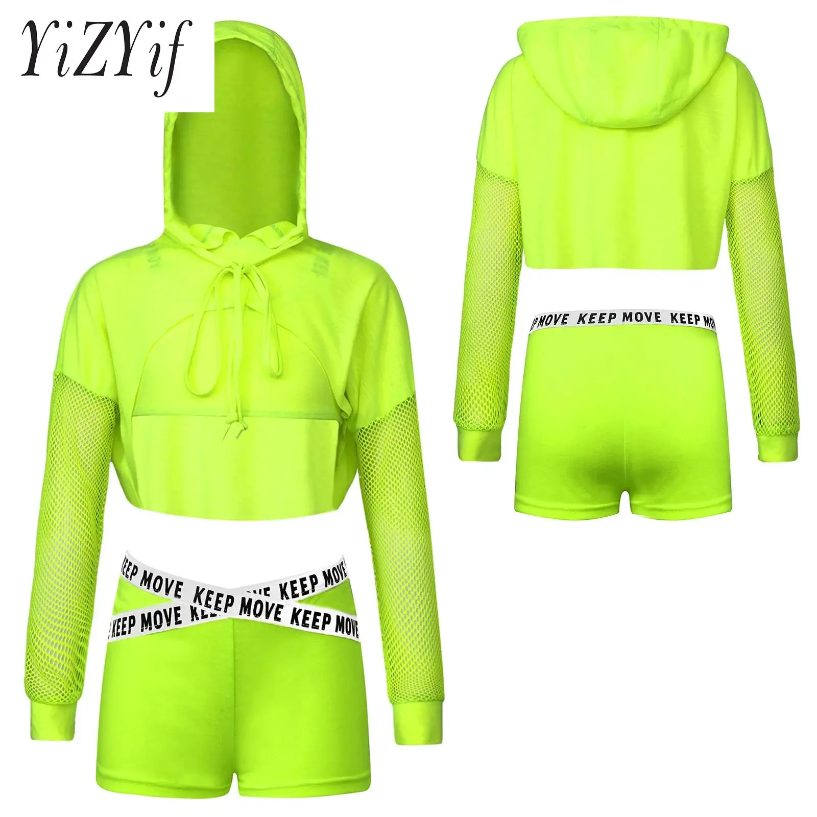 

Kids Girls Street Dance Outfit Mesh Long Sleeve Hooded Drawstring Crop Top with Letters Printed Vest V-front Shorts