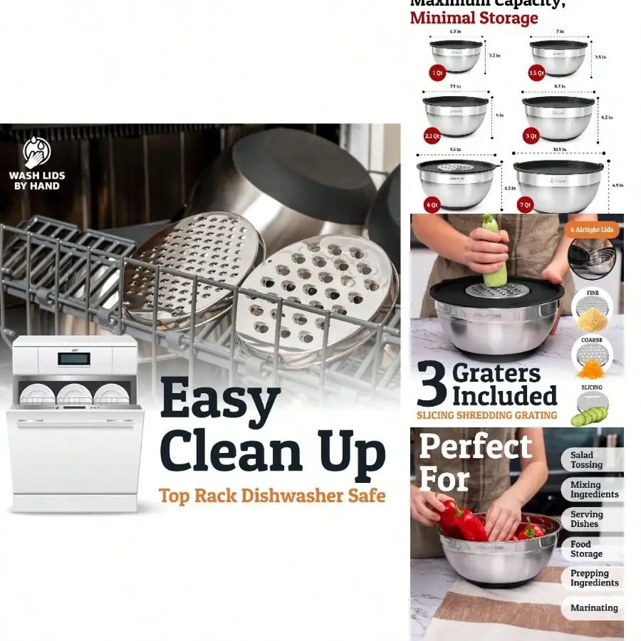 Priority Chef 6Pc Stainless Steel Mixing Bowls With Lids Set, Huge Qrt Size Metal Bowl Set Kitchen, 3 Graters, Non-Slip Bases Silicone Utensils Set, Black