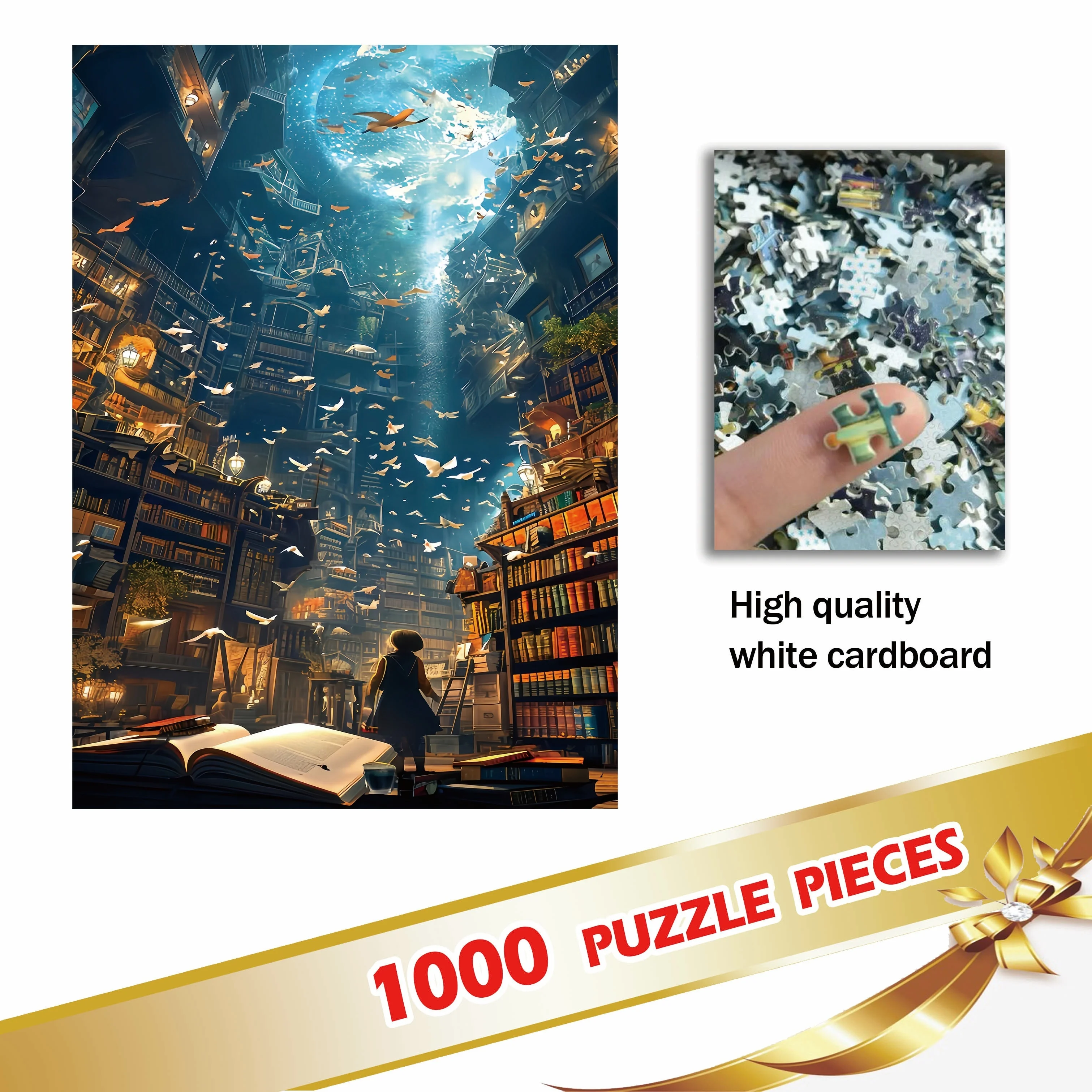 Puzzle per adulti da 1000 pezzi - Biblioteca incantatrice e scena dell'acquario - Cartone bianco premium - Cervello educativo e impegnativo