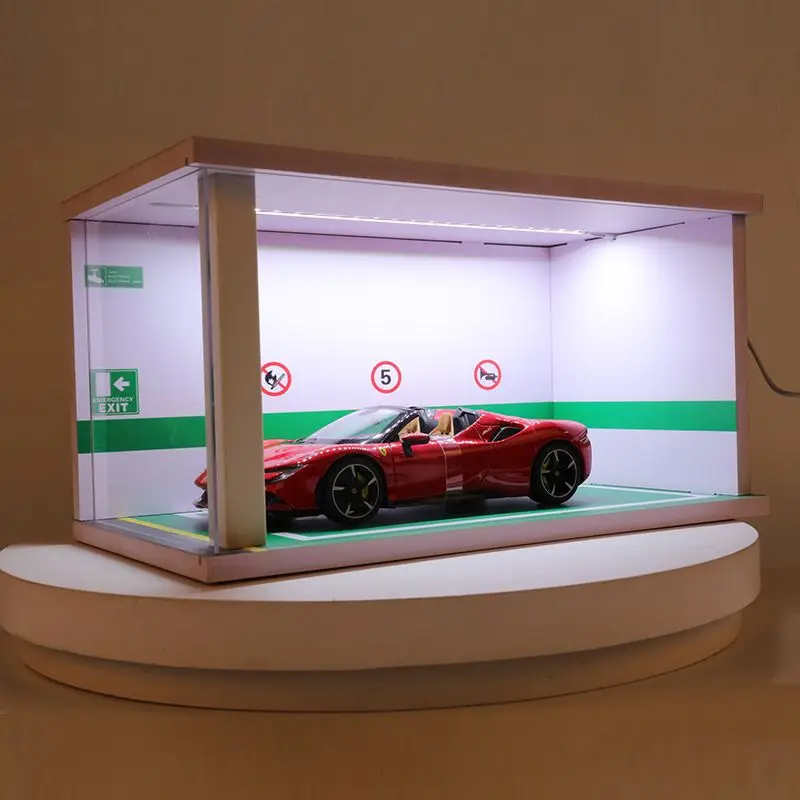 Acrylic Dustproof Storage Cabinet, Car Parking Lot, Model Car Display Cabinet, Garage Scene, Lighting Dust Cover, 1: 18