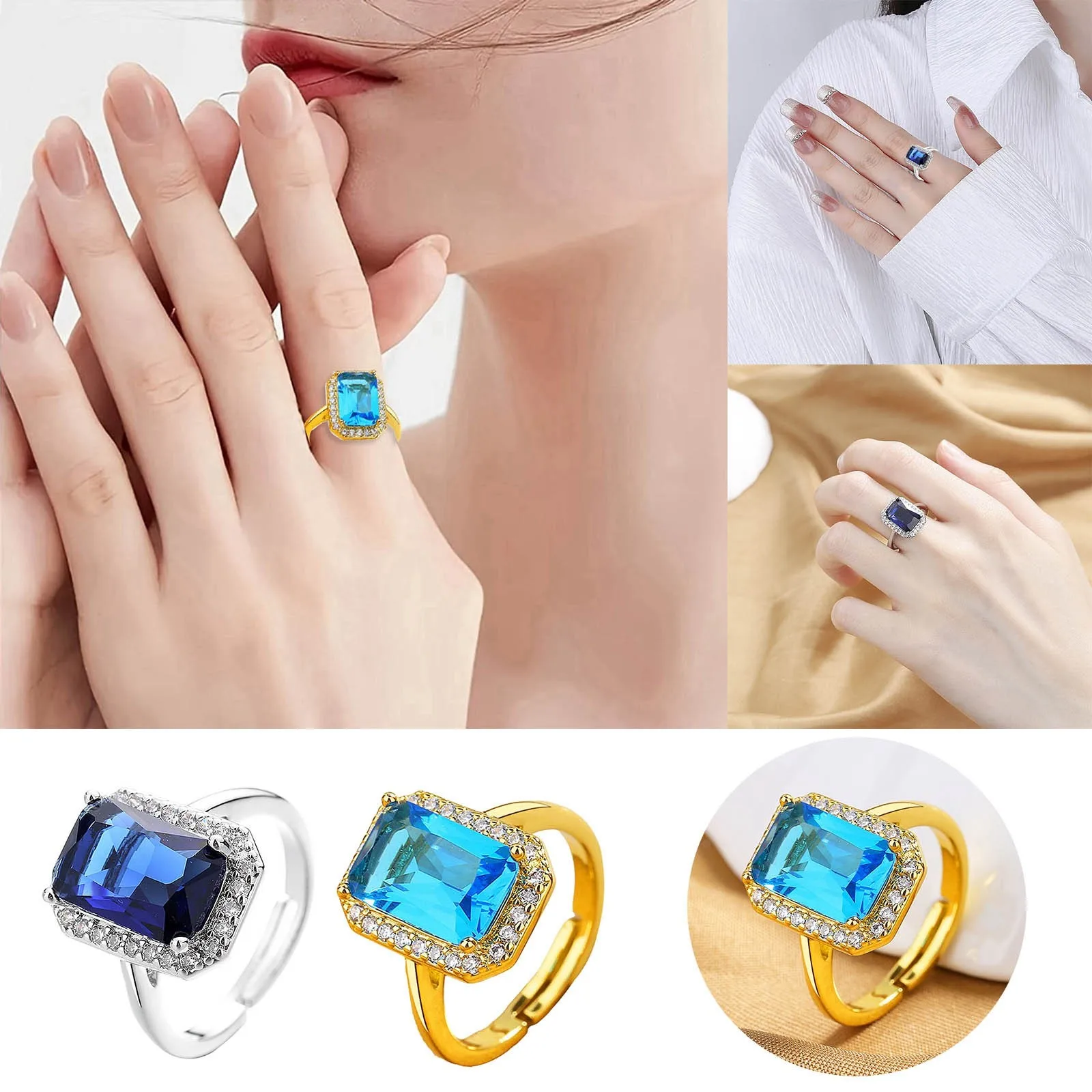 en Rings for Teen Girls Temperament Rectangular Sea Blue Full Diamond Colorful Gem Open Ring For Women High Calm Rings for Women