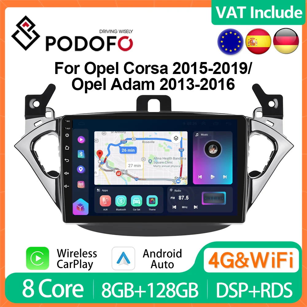 Podofo 8G+128G CarPlay For Opel Corsa 2015-2019 Android Car Radio For Opel Adam 2013-2016 Multimedia Player 4G Head Unit Stereo