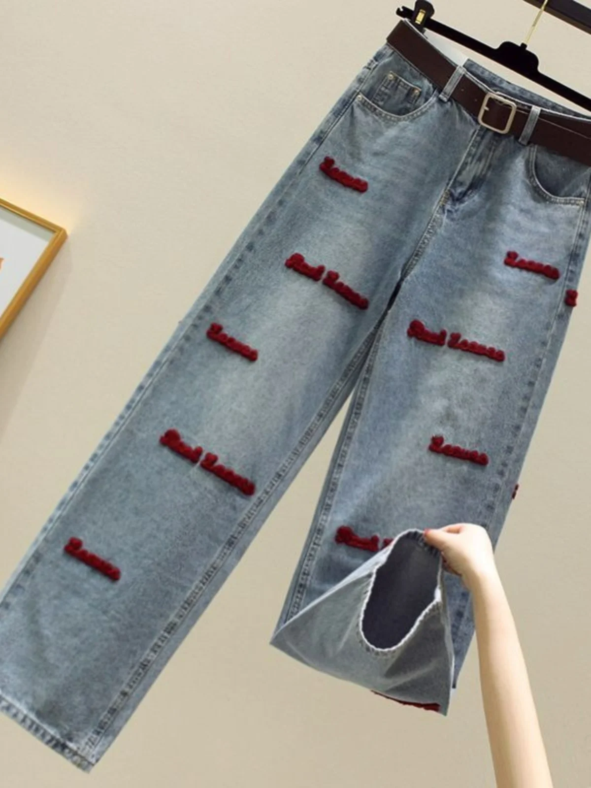 

Американские ретро-джинсы с вышивкой, мужские свободные прямые брюки, модные уличные широкие брюки, осенняя новинка, повседневные джинсы