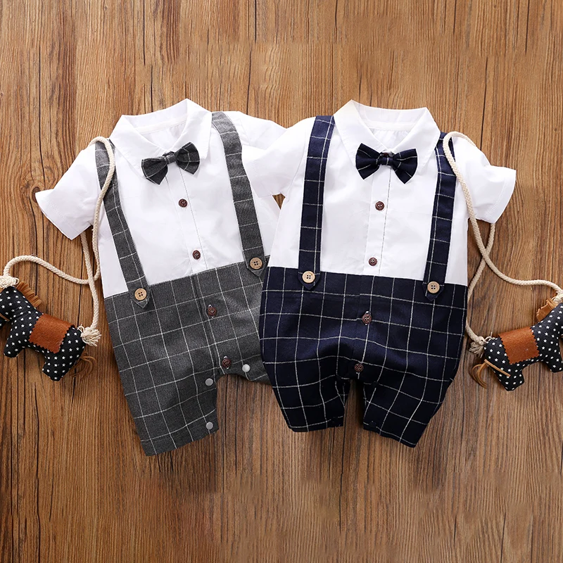 Summer shirt sleeved plaid fake two-piece shoulder strap pants baby jumpsuit made of pure cotton