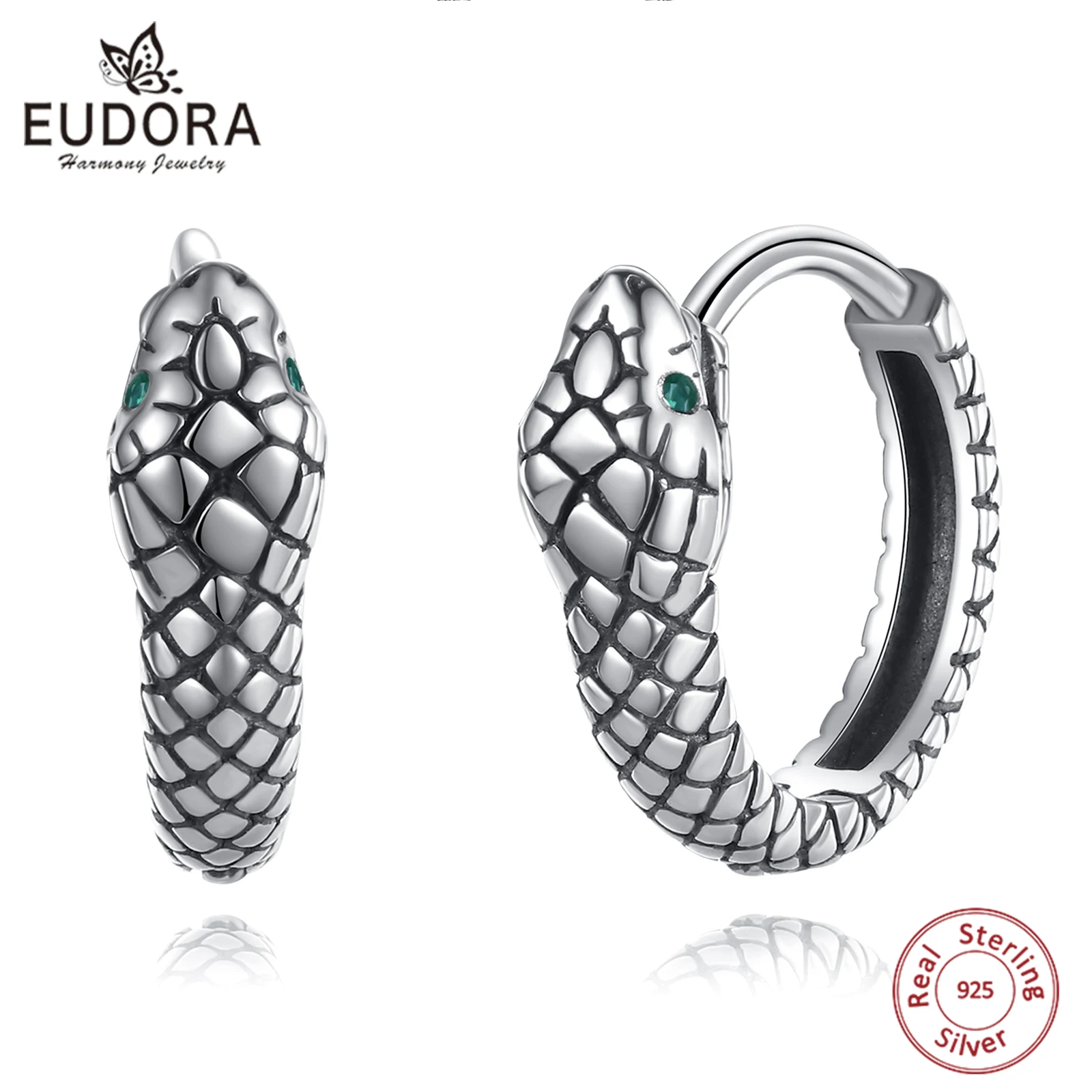 

EUDORA 925 Sterling Silver Snake Ear Buckles Inlaid with Green Zirconium Hoop Earrings for Women Fine Statement Jewelry Man Gift