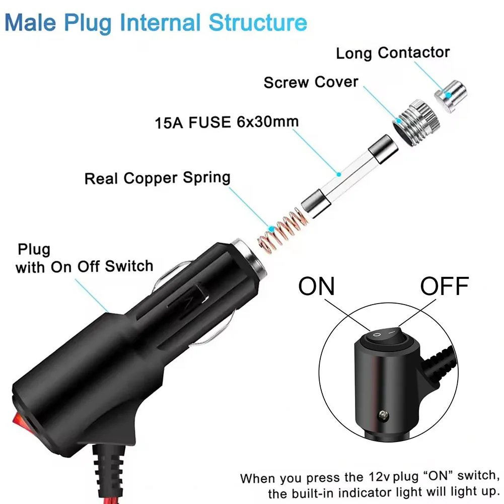 12V 24V Power Cable Car Cooler Power Cord Outdoor Activities 16AWG Cable 300CM Length Built-in Safety Features