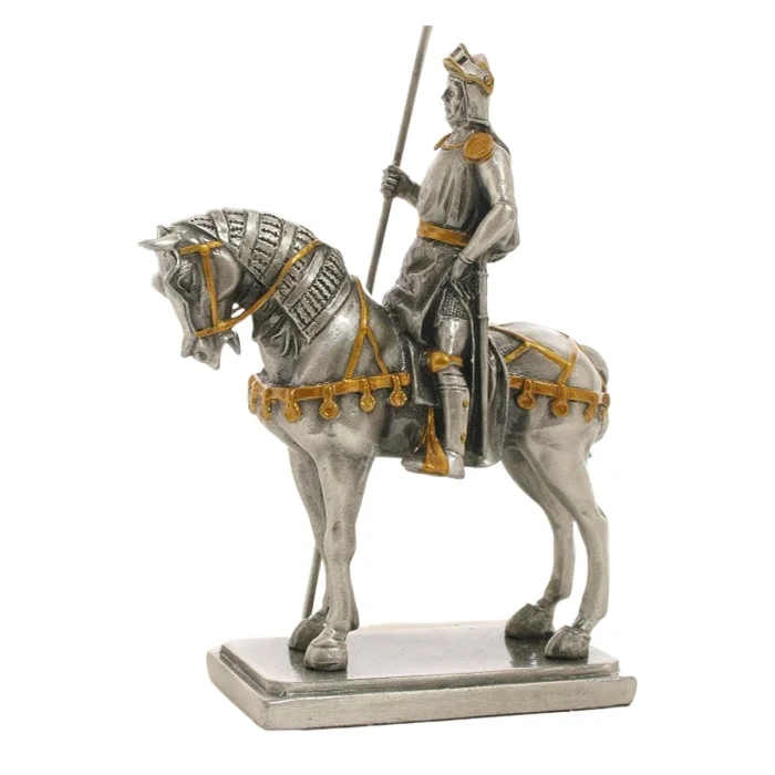 Vintage Alloy Medieval Mounted Knight Figurine Silver Tone Gilded Horseman Warrior Statue Desktop Ornament Home Room Decor Gift