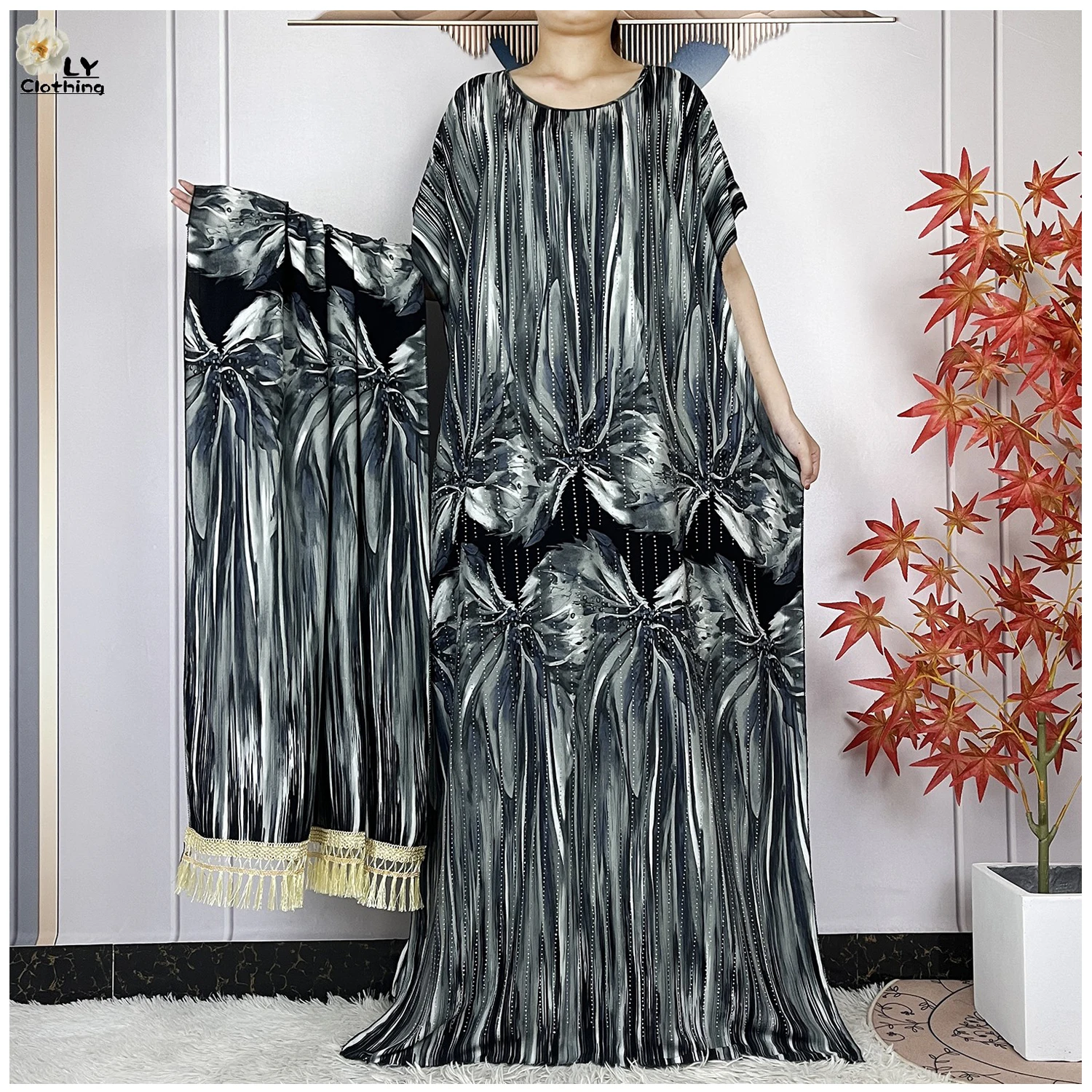 

2024 Dubai Fashion Party For Women Dresses With Big Scarf Cotton Tie-Dyed Short Sleeves Lady Elegant Maxi African Abaya Clothing