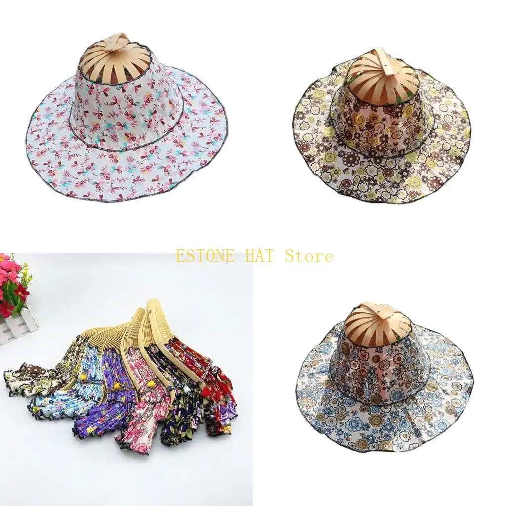 49MF Lady Bamboo Flower Pattern Dual-Use Beach Foldable Hand Fan Handmade Sunhats