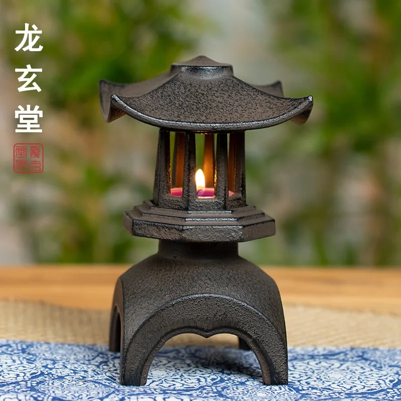 Wabi-Sabi Cast Iron Lantern, Antique Incense Burner and Candle Holder,Zen Meditation Lamp, Rustic Tea Ceremony Table Centerpiece