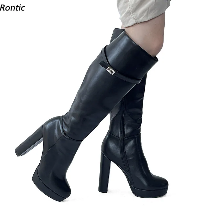 Rontic New Arrival Women Winter Knee Boots Stiffi Faux Leather Chunky Heeled Round Toe Elegant Black Casual Shoes US Size 5-20