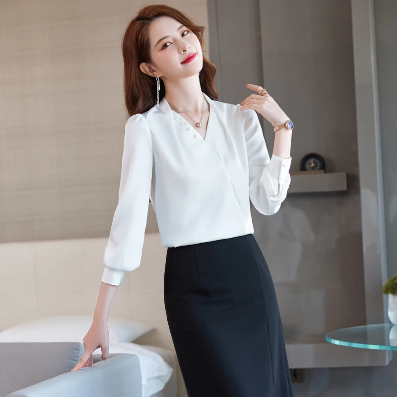 Lenshin nuovo tessuto camicia con scollo a v liscia e morbida di alta qualità per camicetta da donna elegante top manica lunga da lavoro da donna