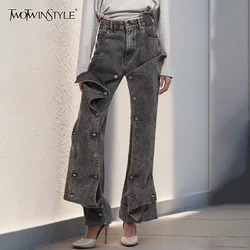 TWOTWINSTYLE Patchwork Button Denim Loose Pants For Women High Waist Streetwear Straight Jeans Female Fashion Clothing 2023 New