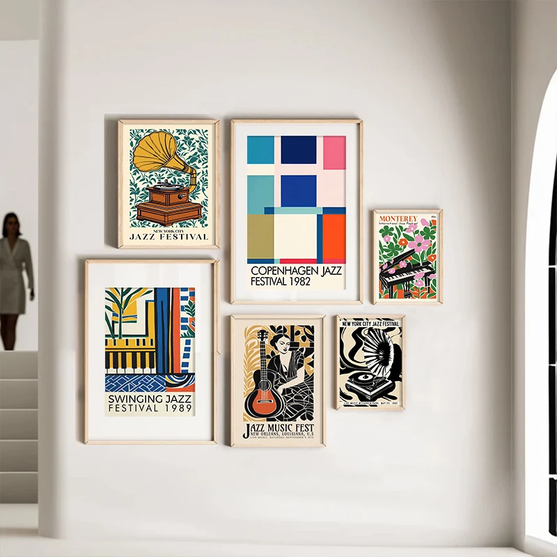 الملونة قسم الموسيقى مهرجان ملصق فني خمر الجاز الغيتار أداة الموسيقى الفصول الدراسية معرض الرسم على لوحات القماش الجدارية