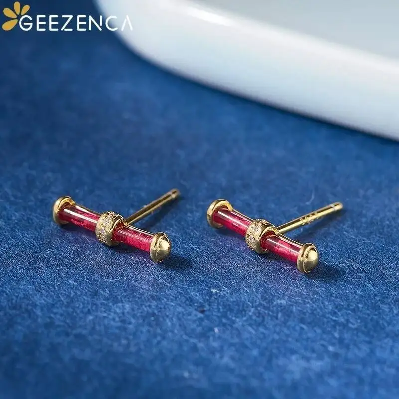 GEEZENCA Red Corundum 925 Silver Gold Plated Small Earrings For Women Minimalism Dainty Stud Earring Clearance Limited Stock