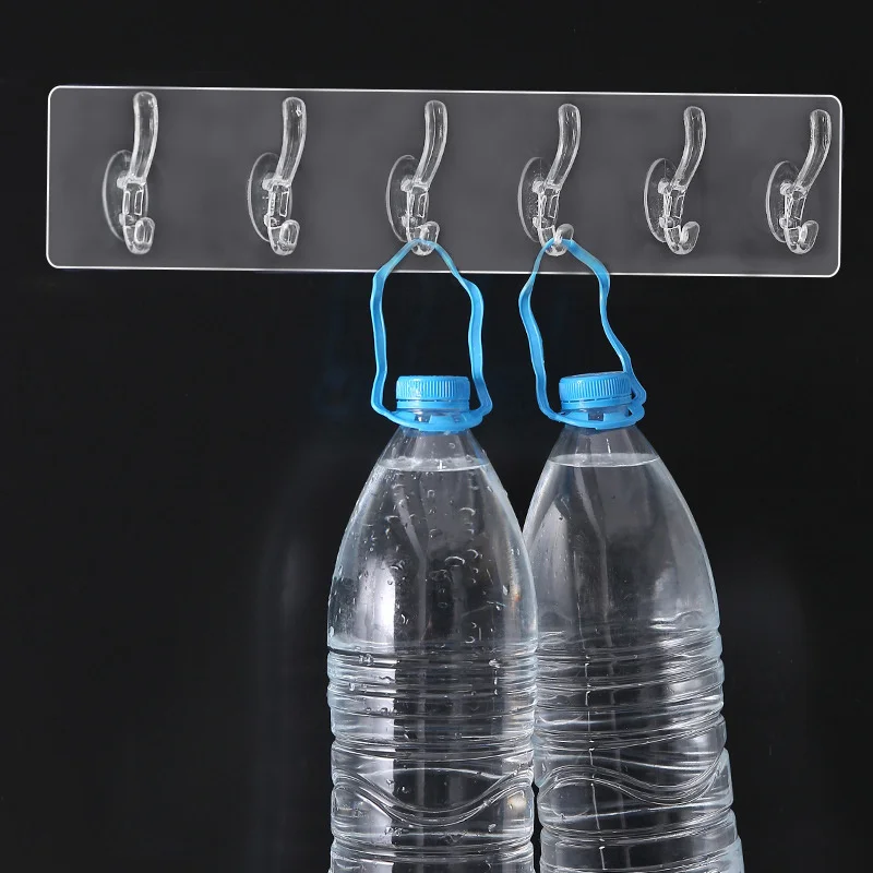 3/5/6 Row Transparent Wall Hook Strong Self Adhesive Door Wall Hangers Hook Hanging Suction Heavy Load Rack for Kitchen Bathroom