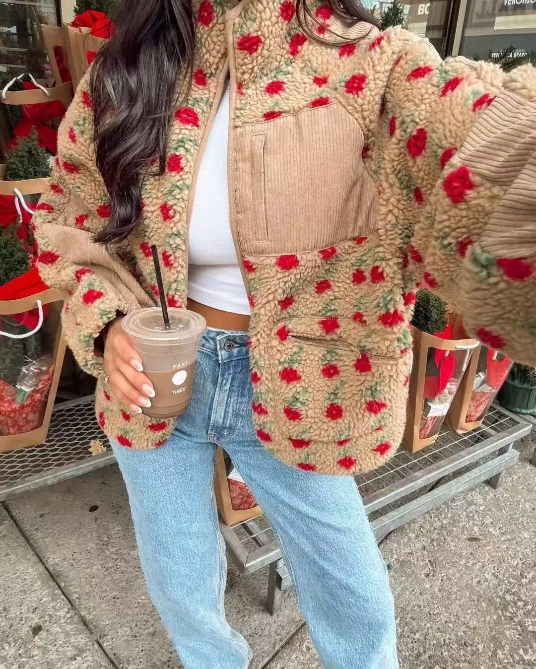 

Autumn and Winter New Lamb Wool Floral Pullover Hoodie for Women Loose and Warm Versatile for Daily Use