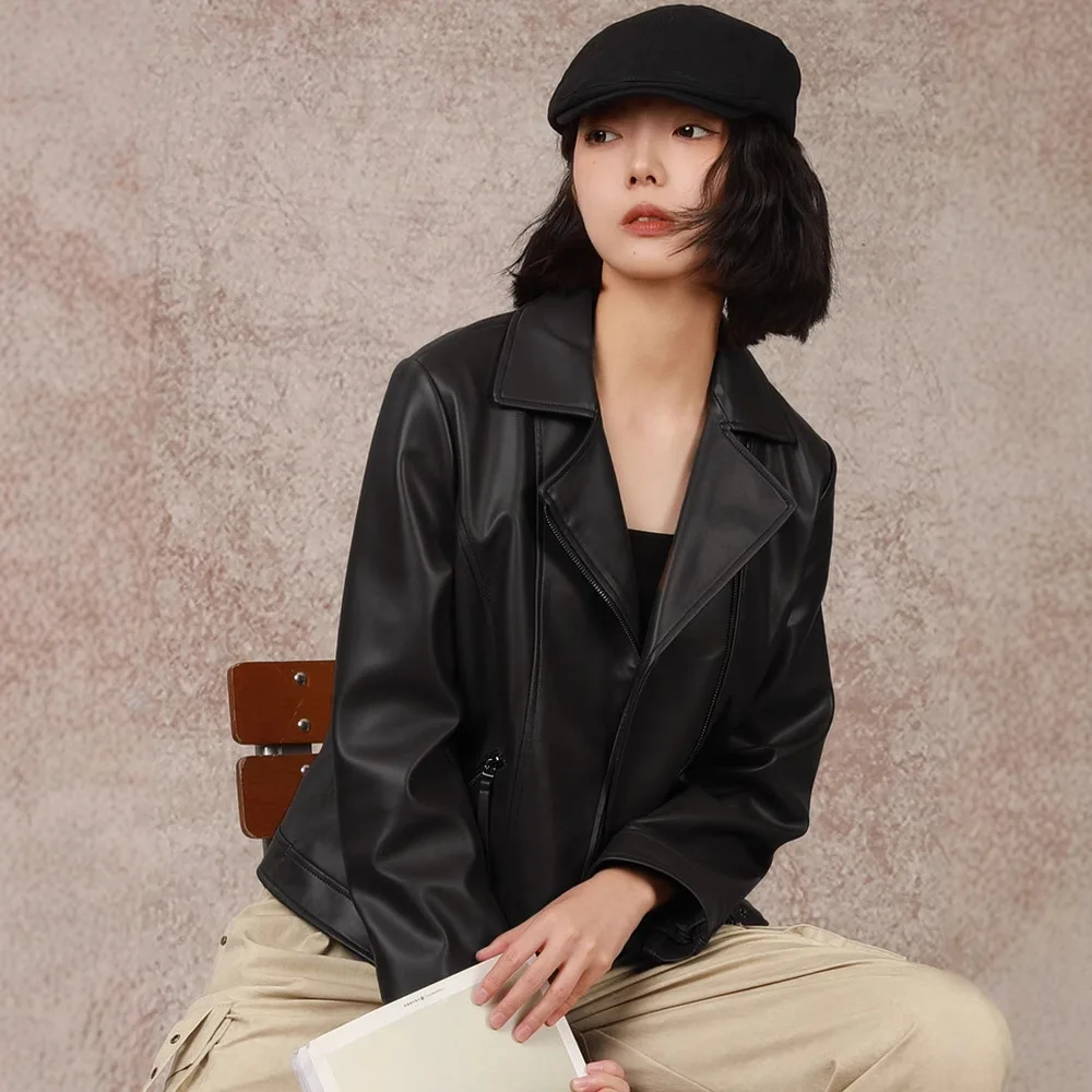 Zipper Short Black Leather Coat Women's Genuine Leather New Sheepskin Coat