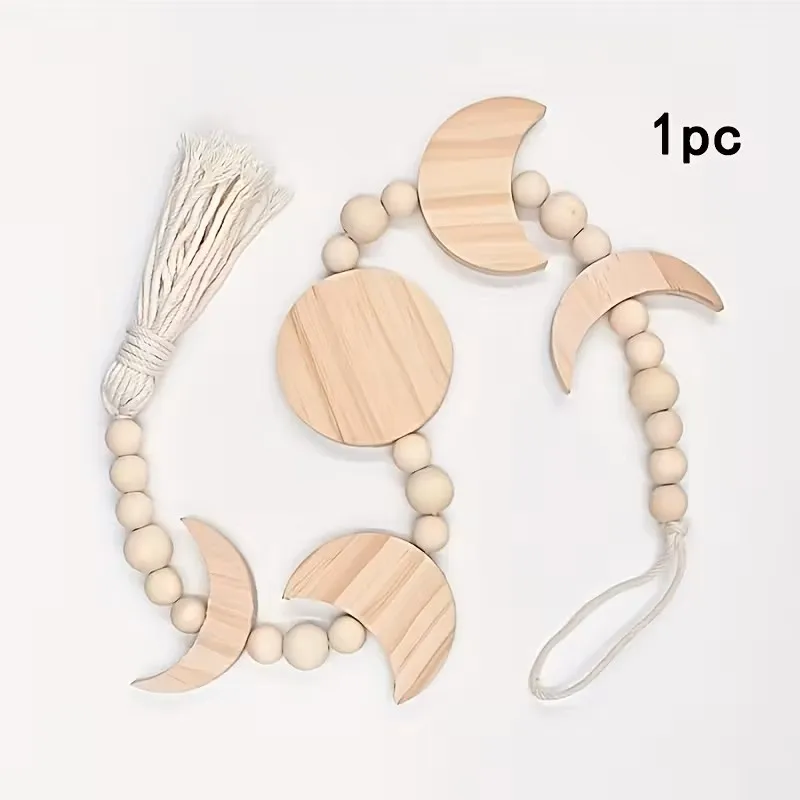 Boho Mondphasen Wandbehang Holzperlen-Girlande mit Quaste für Schlafzimmer Wohnzimmer Kinderzimmer Dekoration – Detail 6