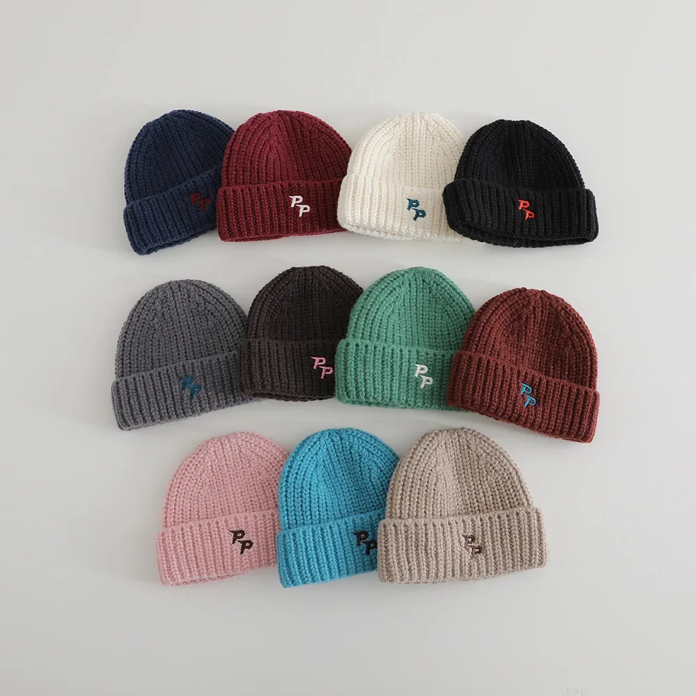 Winter Kids Knit Hat Korean Style Soft Skin‑Friendly Warm Windproof Children Hat Solid Color Letter Embroidered Children Cap