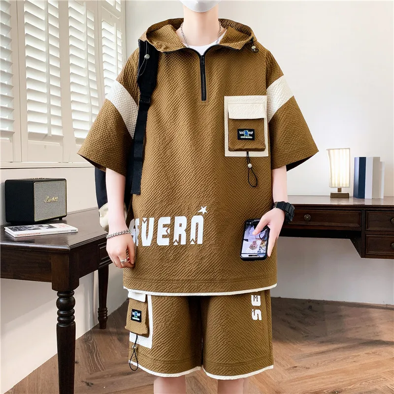 Casual Hooded T-Shirts And Shorts Men\'s Sets 2024 Summer Two Piece Short Sleeve Tops Tees & Knee-Length Pant Tracksuits Clothing